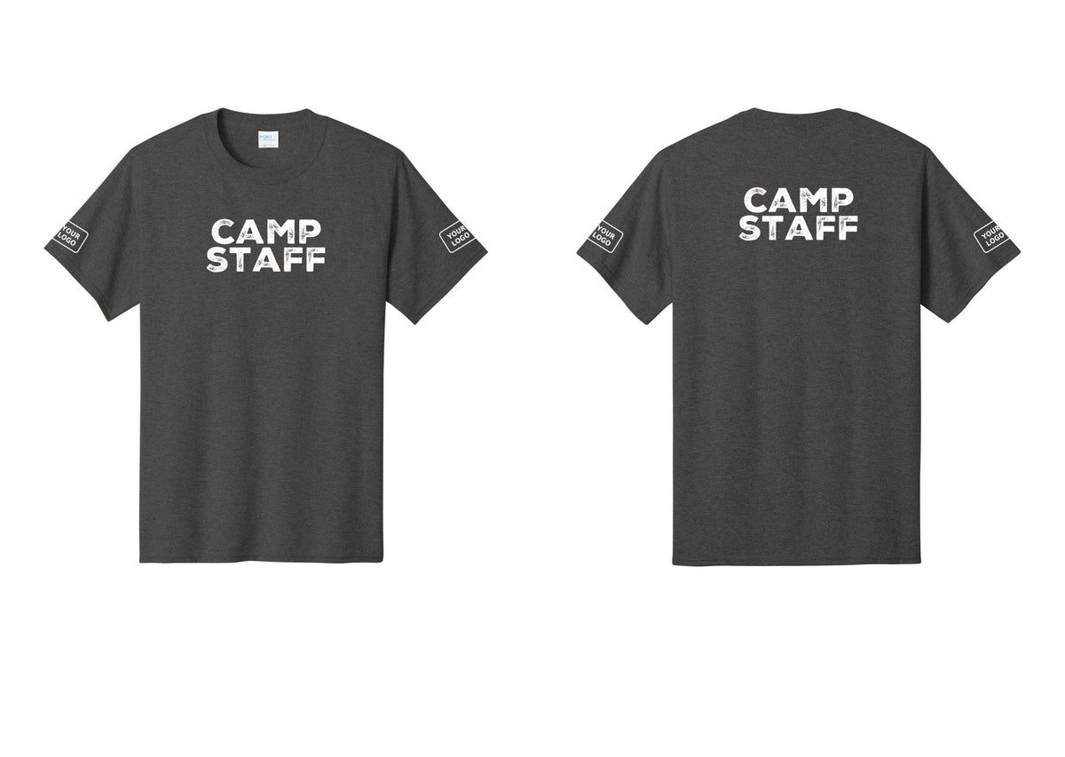 NYC Factory Custom Logo Camp Staff T-Shirt - Front + Back + Your Logo Sleeves - Dark Heather Grey
