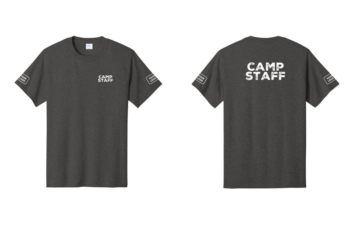NYC Factory Custom Logo Camp Staff T-Shirt - Chest + Back + Your Logo Sleeves - Dark Heather Grey