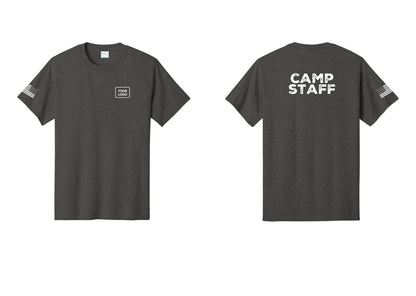 NYC Factory Custom Logo Camp Staff T-Shirt - Your Logo + Back + US Flag Sleeve - Dark Heather Grey