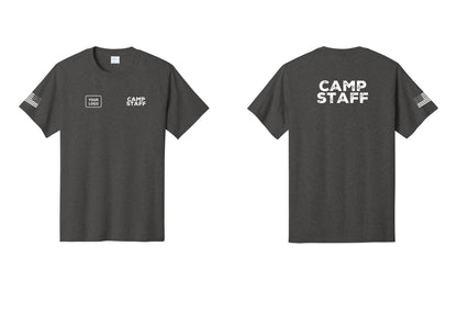 NYC Factory Custom Logo Camp Staff T-Shirt - CAMP STAFF + Your Logo + Back + US Flag Sleeve - Dark Heather Grey