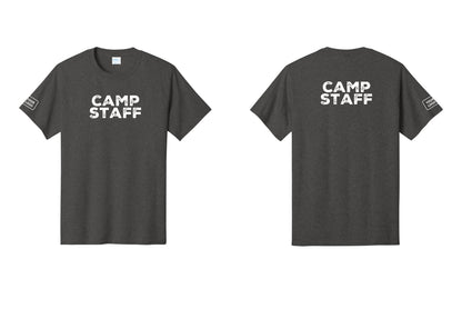 NYC Factory Custom Logo Camp Staff T-Shirt - Front + Back + Your Logo Sleeve - Dark Heather Grey