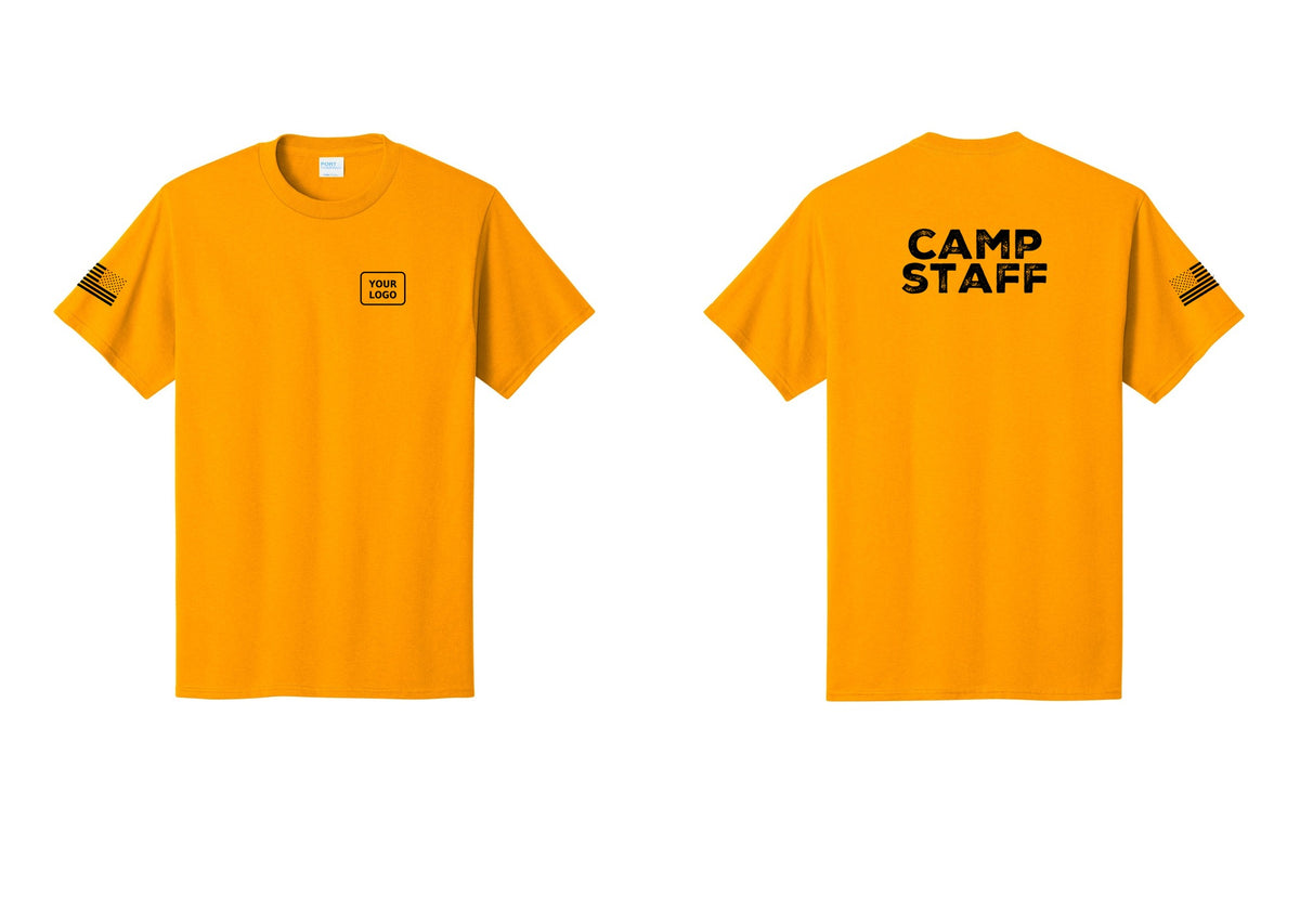 NYC Factory Custom Logo Camp Staff T-Shirt - Your Logo + Back + US Flag Sleeve - Gold