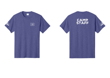 NYC Factory Unisex Custom Logo Camp Staff T-Shirt - Your Logo + Back + US Flag Sleeve - Heather Purple
