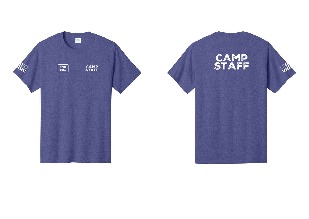 NYC Factory Custom Logo Camp Staff T-Shirt - CAMP STAFF + Your Logo + Back + US Flag Sleeve - Heather Purple
