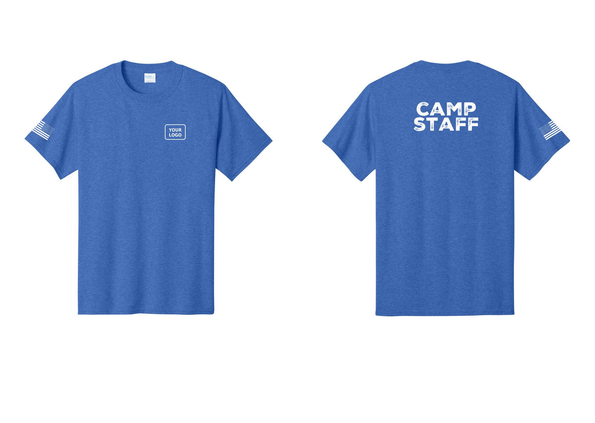 NYC Factory Unisex Custom Logo Camp Staff T-Shirt - Your Logo + Back + US Flag Sleeve - Heather Royal