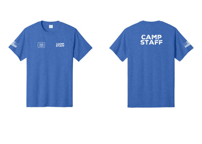 NYC Factory Unisex Custom Logo Camp Staff T-Shirt - CAMP STAFF + Your Logo + Back + US Flag Sleeve - Heather Royal