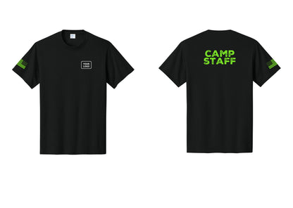 NYC Factory Unisex Custom Logo Camp Staff T-Shirt - Your Logo + Back + US Flag Sleeve - Black / Neon