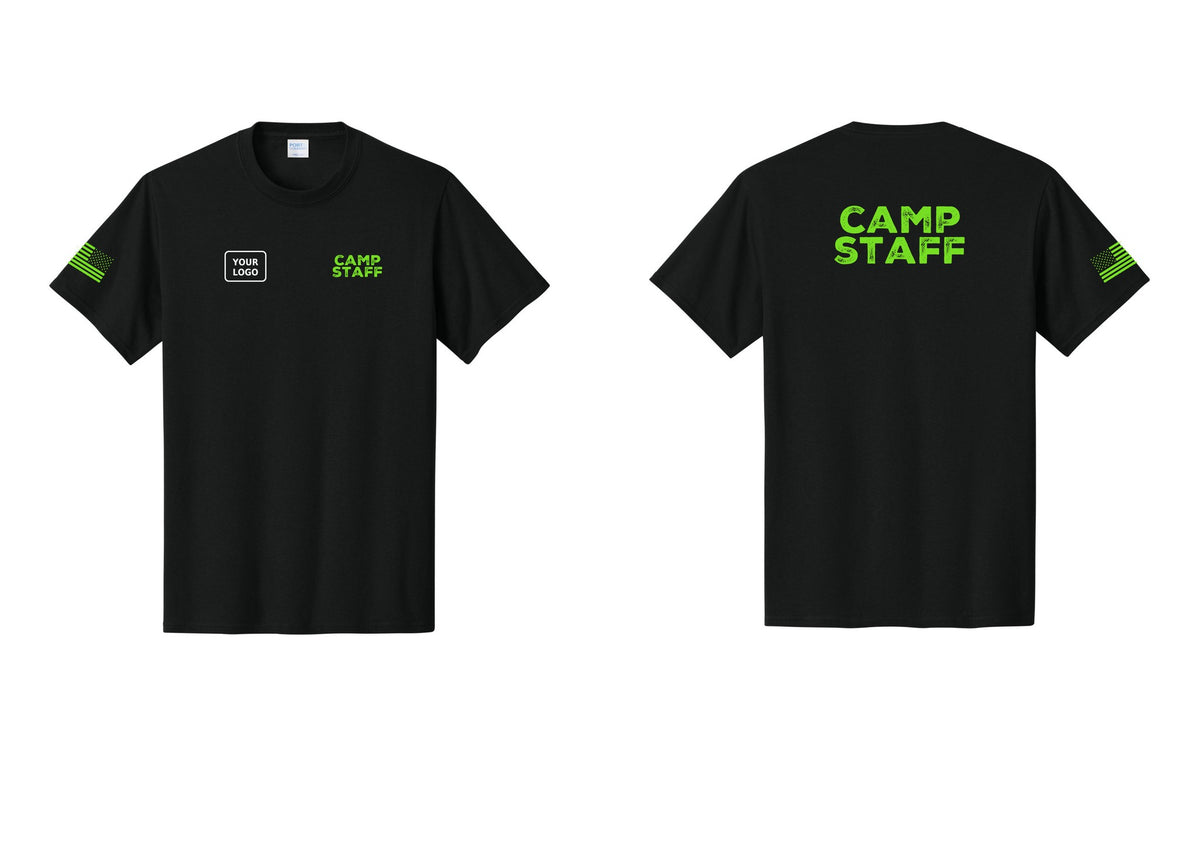 NYC Factory Unisex Custom Logo Camp Staff T-Shirt - CAMP STAFF + Your Logo + Back + US Flag Sleeve - Black / Neon