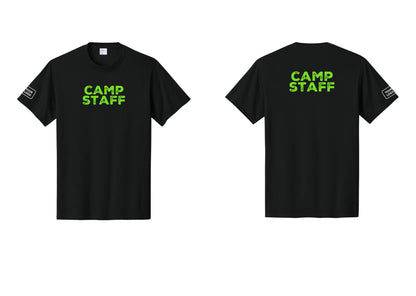 NYC Factory Unisex Custom Logo Camp Staff T-Shirt - Front + Back + Your Logo Sleeve - Black / Neon