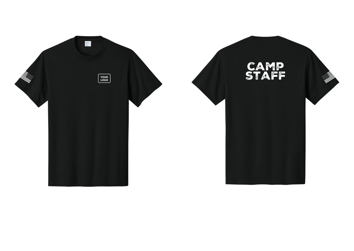 NYC Factory Custom Logo Camp Staff T-Shirt - Your Logo + Back + US Flag Sleeve - Black