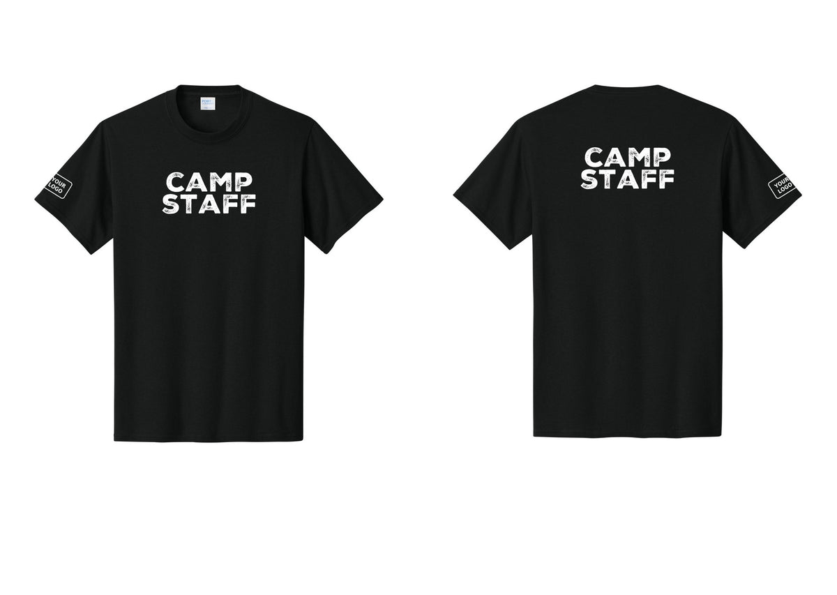 NYC Factory Custom Logo Camp Staff T-Shirt - Front + Back + Your Logo Sleeve - Black
