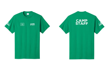 NYC Factory Custom Logo Camp Staff T-Shirt - CAMP STAFF + Your Logo + Back + US Flag Sleeve - Kelly
