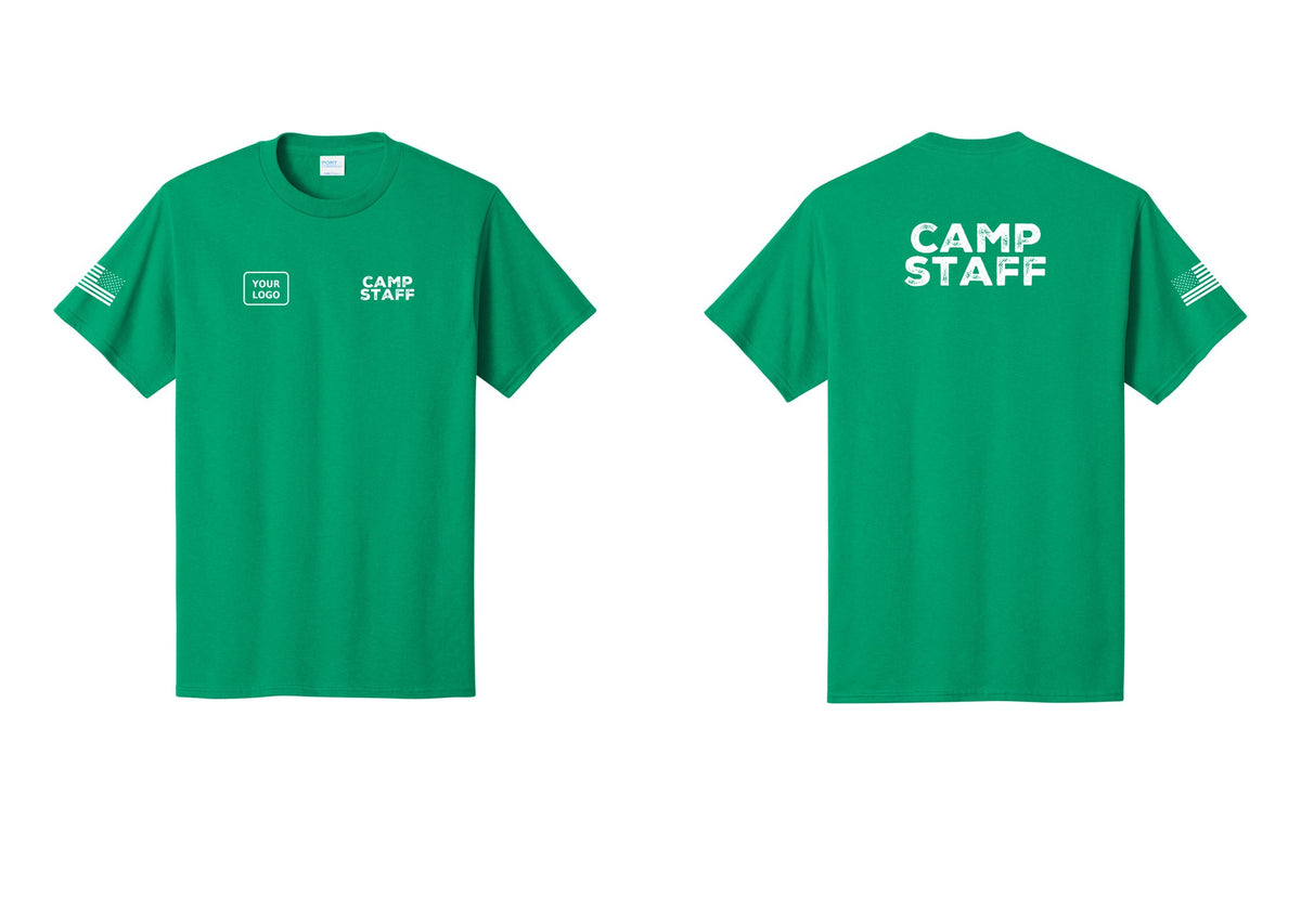 NYC Factory Unisex Custom Logo Camp Staff T-Shirt - CAMP STAFF + Your Logo + Back + US Flag Sleeve - Kelly
