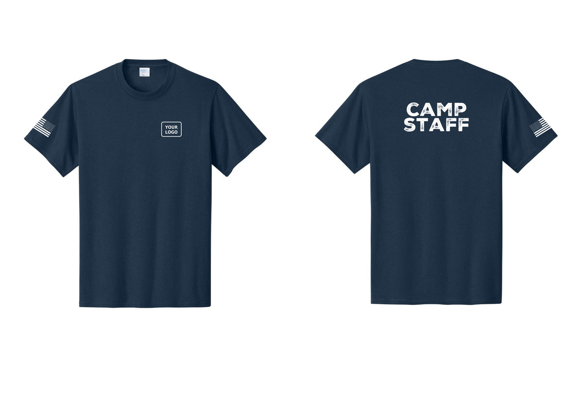 NYC Factory Custom Logo Camp Staff T-Shirt - Your Logo + Back + US Flag Sleeve - Navy