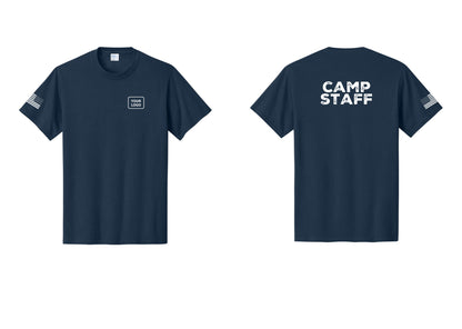 NYC Factory Custom Logo Camp Staff T-Shirt - Your Logo + Back + US Flag Sleeve - Navy