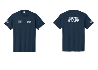 NYC Factory Unisex Custom Logo Camp Staff T-Shirt - CAMP STAFF + Your Logo + Back + US Flag Sleeve - Navy