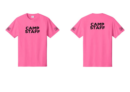 NYC Factory Custom Logo Camp Staff T-Shirt - Front + Back + Your Logo Sleeves - Neon Pink