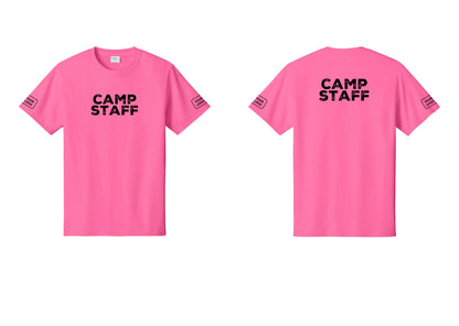 NYC Factory Unisex Custom Logo Camp Staff T-Shirt - Front + Back + Your Logo Sleeves - Neon Pink