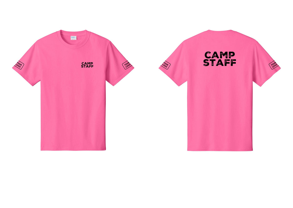 NYC Factory Custom Logo Camp Staff T-Shirt - Chest + Back + Your Logo Sleeves - Neon Pink
