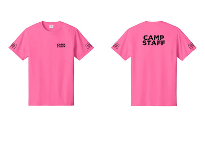 NYC Factory Unisex Custom Logo Camp Staff T-Shirt - Chest + Back + Your Logo Sleeves - Neon Pink