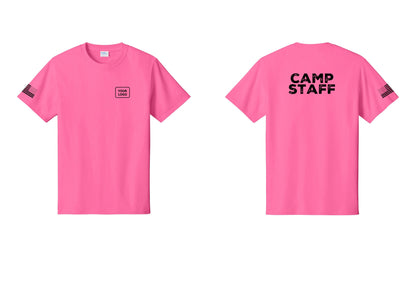 NYC Factory Custom Logo Camp Staff T-Shirt - Your Logo + Back + US Flag Sleeve - Neon Pink