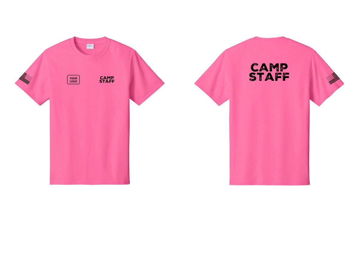 NYC Factory Custom Logo Camp Staff T-Shirt - CAMP STAFF + Your Logo + Back + US Flag Sleeve - Neon Pink