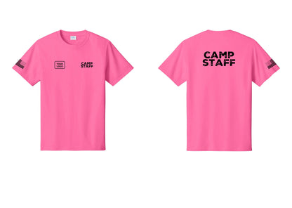 NYC Factory Custom Logo Camp Staff T-Shirt - CAMP STAFF + Your Logo + Back + US Flag Sleeve - Neon Pink