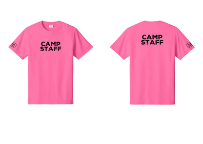 NYC Factory Unisex Custom Logo Camp Staff T-Shirt - Front + Back + Your Logo Sleeve - Neon Pink