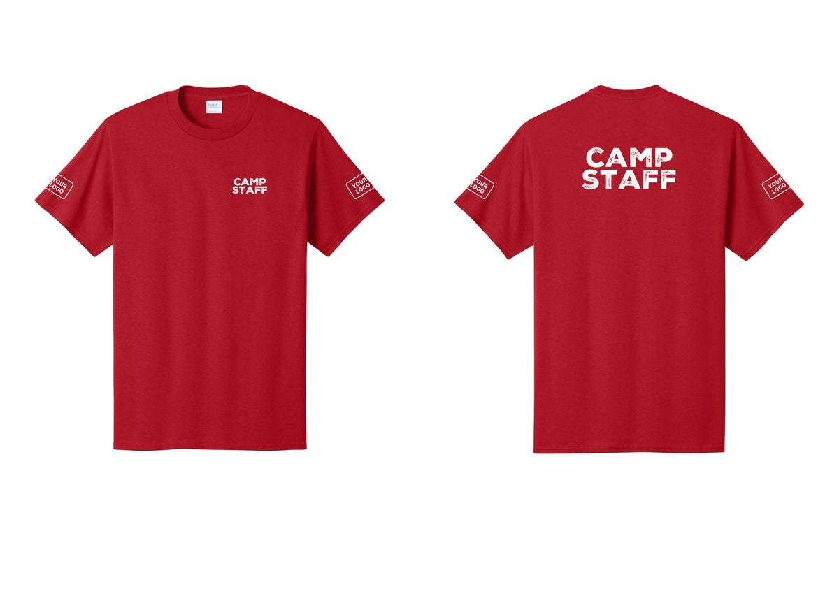 NYC Factory Custom Logo Camp Staff T-Shirt - Chest + Back + Your Logo Sleeves - Red