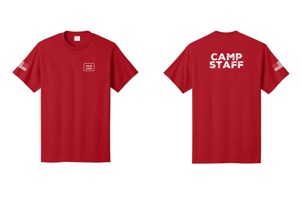 NYC Factory Custom Logo Camp Staff T-Shirt - Your Logo + Back + US Flag Sleeve - Red