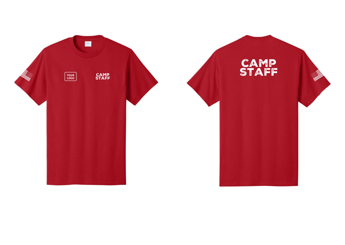 NYC Factory Unisex Custom Logo Camp Staff T-Shirt - CAMP STAFF + Your Logo + Back + US Flag Sleeve - Red