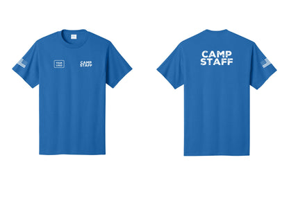 NYC Factory Custom Logo Camp Staff T-Shirt - CAMP STAFF + Your Logo + Back + US Flag Sleeve - Royal