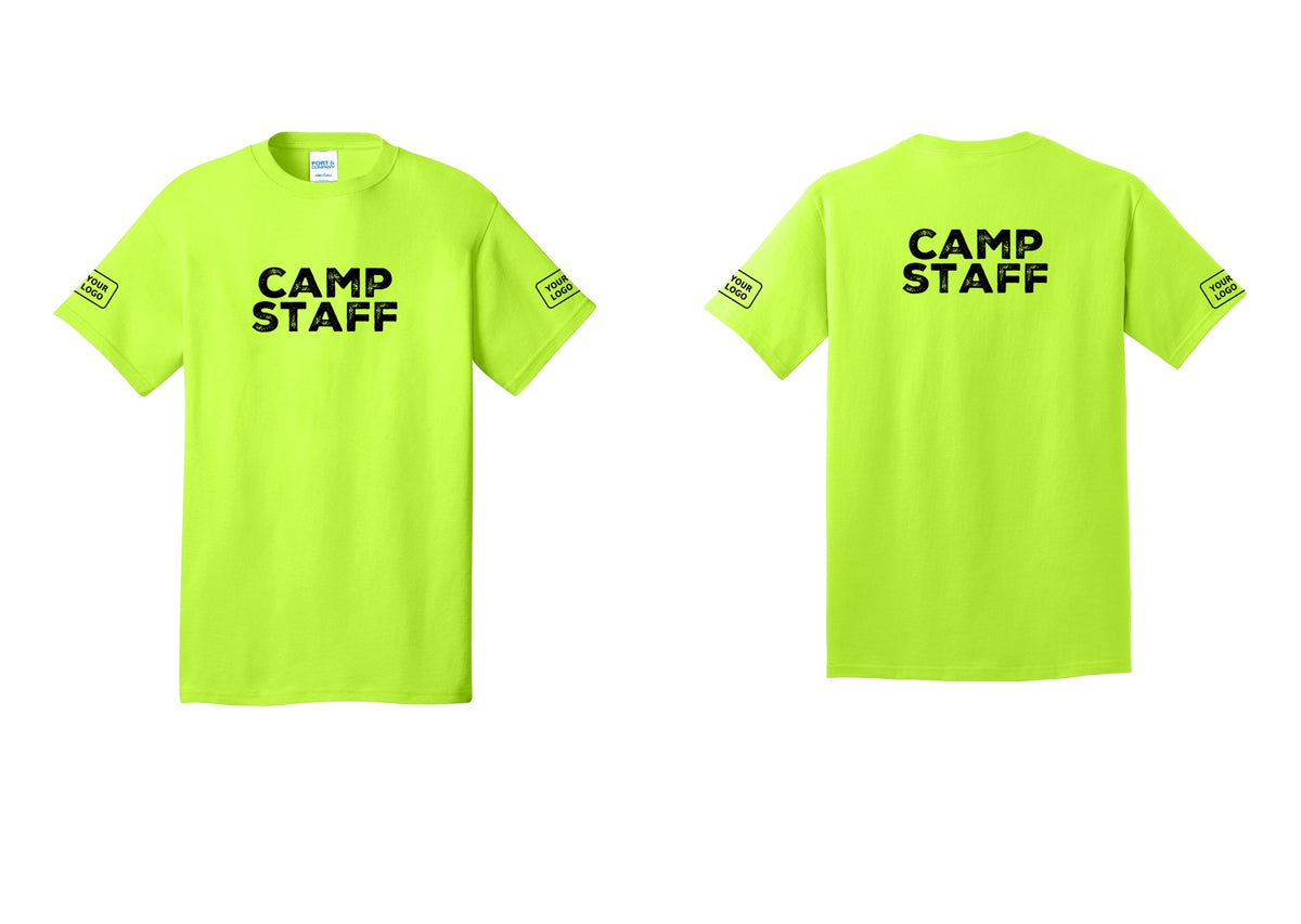NYC Factory Custom Logo Camp Staff T-Shirt - Front + Back + Your Logo Sleeves - Safety Green