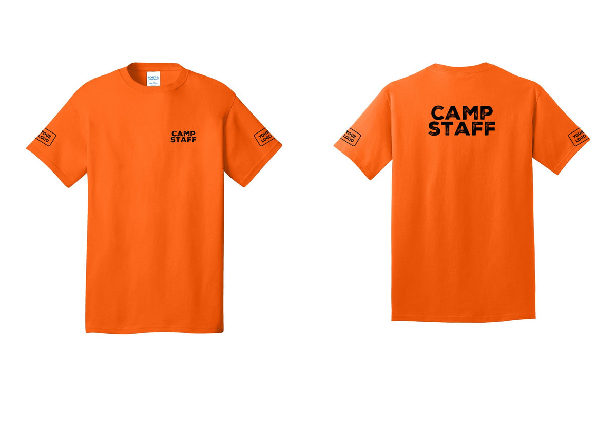 NYC Factory Unisex Custom Logo Camp Staff T-Shirt - Chest + Back + Your Logo Sleeves - Safety Orange