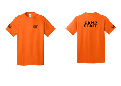 NYC Factory Custom Logo Camp Staff T-Shirt - Your Logo + Back + US Flag Sleeve - Safety Orange
