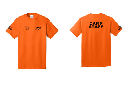NYC Factory Unisex Custom Logo Camp Staff T-Shirt - CAMP STAFF + Your Logo + Back + US Flag Sleeve - Safety Orange
