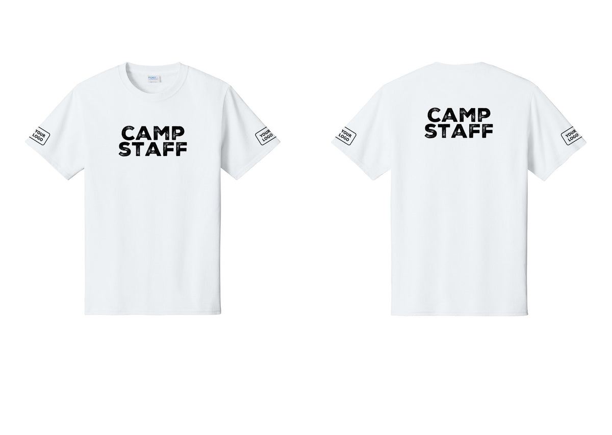 NYC Factory Custom Logo Camp Staff T-Shirt - Front + Back + Your Logo Sleeves - White