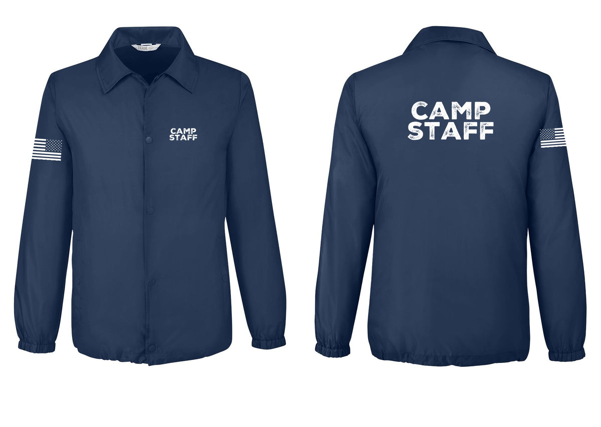 NYC Factory Camp Staff Snap-Front Coaches Jacket (Rustic) - Chest + Back + US Flag Sleeve - Sport Dark Navy