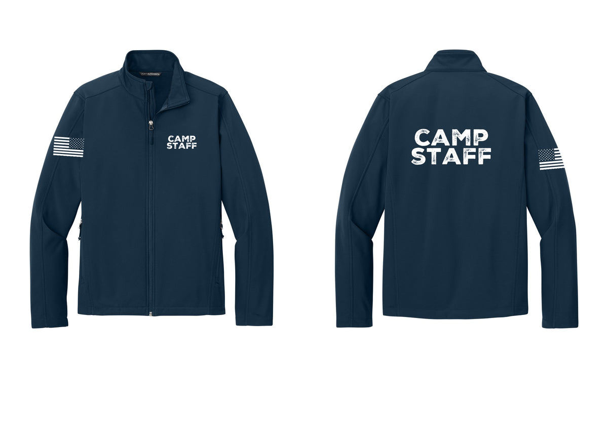 NYC Factory Camp Staff Soft Shell Jacket (Rustic) - Chest + Back + US Flag Sleeve - Dress Blue Navy