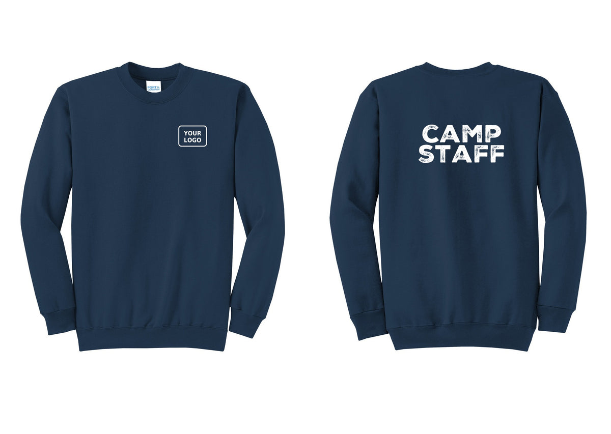 NYC Factory Custom Logo Camp Staff Cotton Fleece Crewneck Sweatshirt (Rustic) - Your Logo + Back - Navy