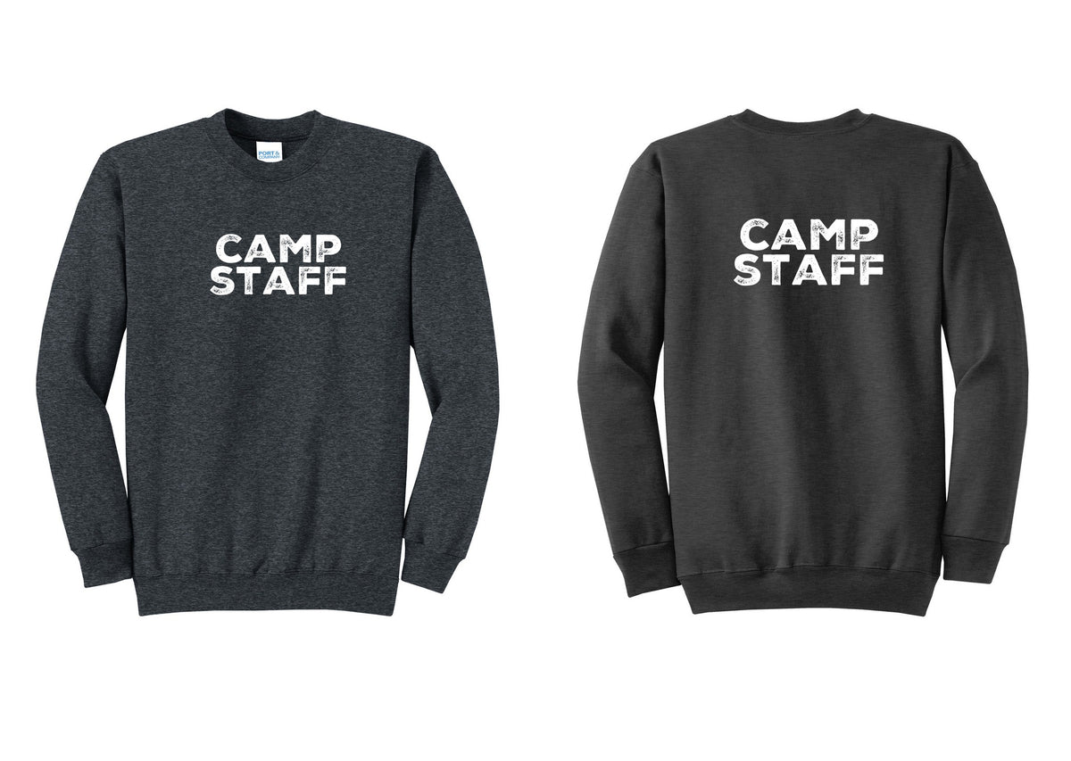 NYC Factory Camp Staff Cotton Fleece Crewneck Sweatshirt (Rustic) - Front + Back - Dark Heather Grey
