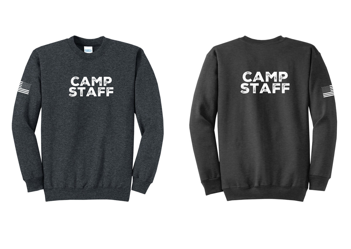 NYC Factory Camp Staff Cotton Fleece Crewneck Sweatshirt (Rustic) - Front + Back + US Flag Sleeve - Dark Heather Grey