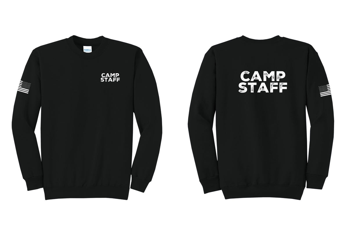 NYC Factory Camp Staff Cotton Fleece Crewneck Sweatshirt (Rustic) - Chest + Back + US Flag Sleeve - Black