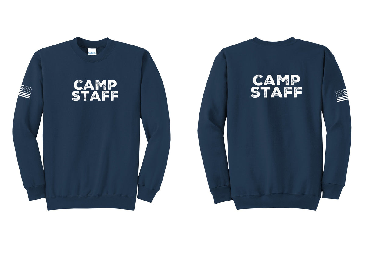 NYC Factory Camp Staff Cotton Fleece Crewneck Sweatshirt (Rustic) - Front + Back + US Flag Sleeve - Navy