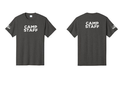 NYC Factory Camp Staff T-Shirt - Front + Back + US Flag Sleeve - Dark Heather Grey