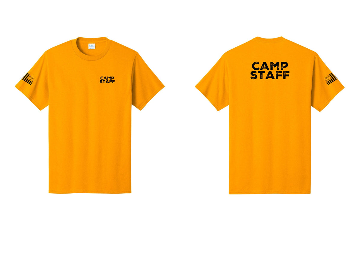 NYC Factory Unisex Camp Staff Charcoal T-Shirt - Chest + Back + US Flag Sleeve - Gold
