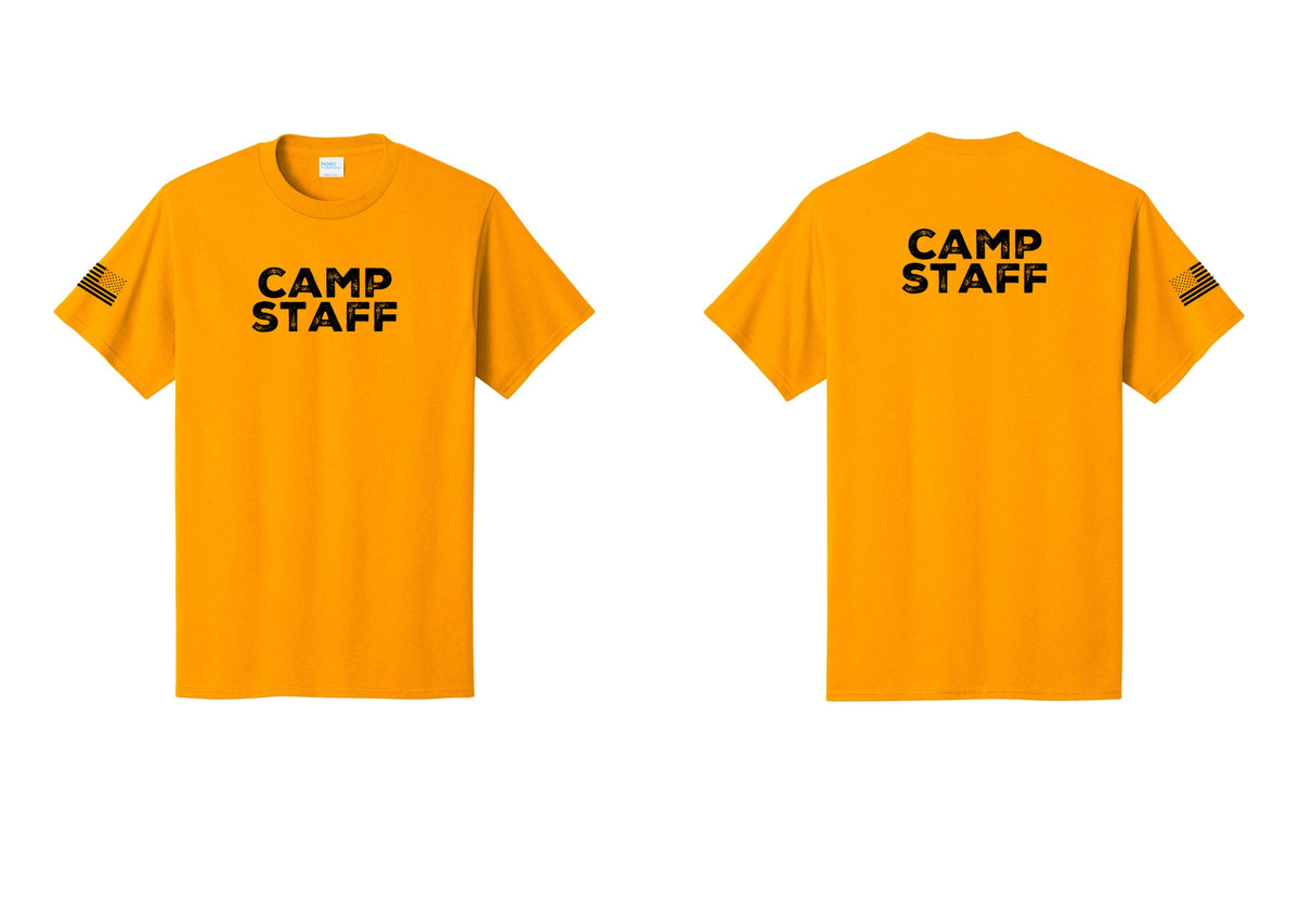 NYC Factory Camp Staff T-Shirt - Front + Back + US Flag Sleeve - Gold