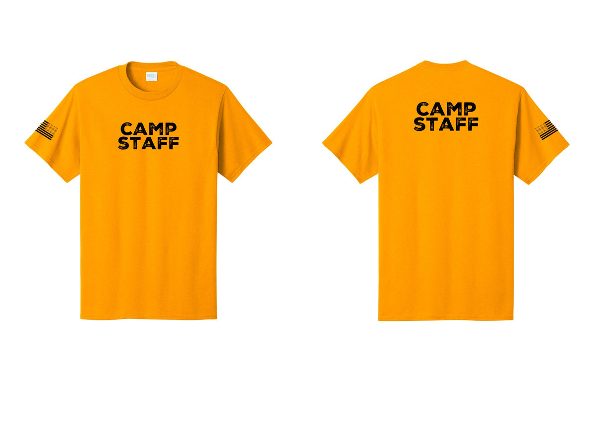 NYC Factory Unisex Camp Staff Charcoal T-Shirt - Front + Back + US Flag Sleeve - Gold