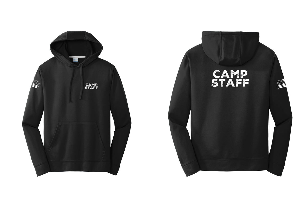 NYC Factory Camp Staff Performance Hooded Fleece Pullover Sweatshirt (Rustic) - Chest + Back + US Flag Sleeve - Black
