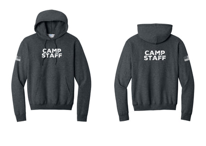 NYC Factory Camp Staff Cotton Fleece Pullover Hoodie (Rustic) - Front + Back + US Flag Sleeve - Dark Heather Grey